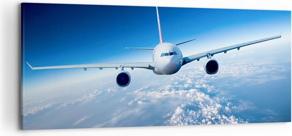Bild auf Leinwand - Leinwandbild - Flugzeug himmel wolken flug - 120x50cm - Wand Bild - Wanddeko - Leinwanddruck - Bilder - Kunstdruck - Wanddekora...
