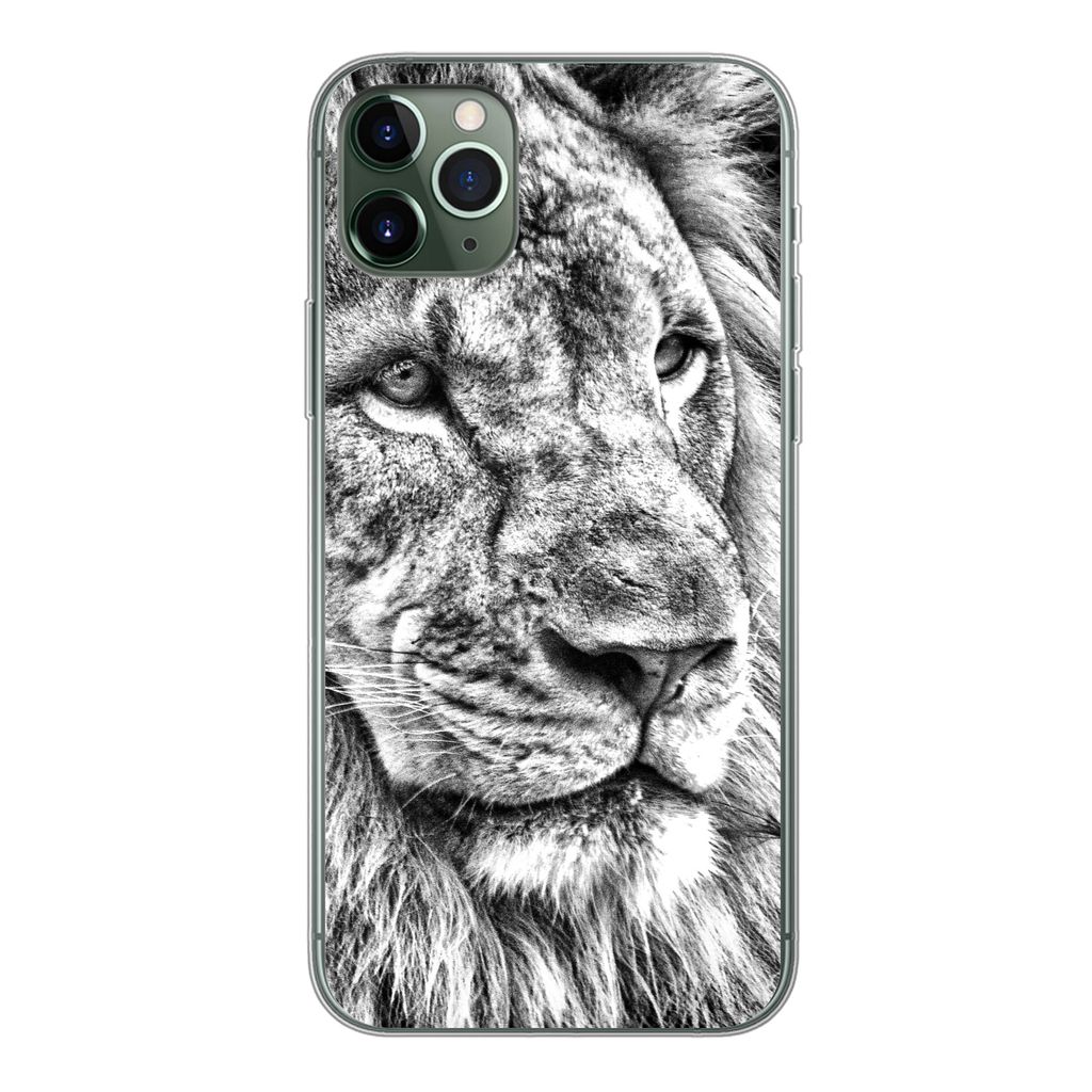 MuchoWow Handyhülle Schutzhülle Hülle für iPhone 11 Pro Max Porträt - Löwe - Schwarz und weiß Silikon Softcase Handy Hülle - Schutz