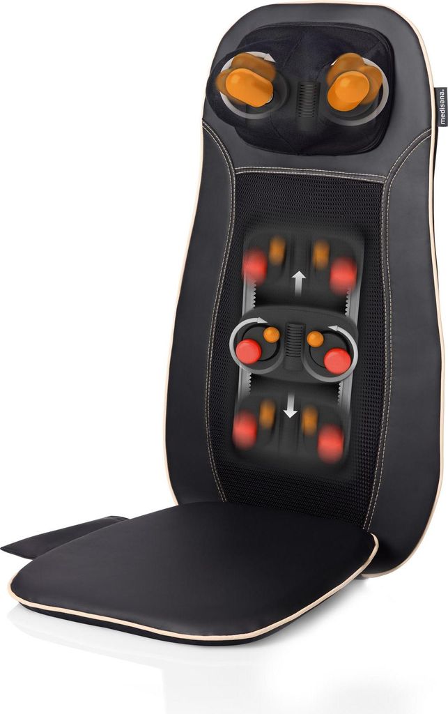 A black shiatsu massage seat cushion with orange massage nodes and red heating elements.