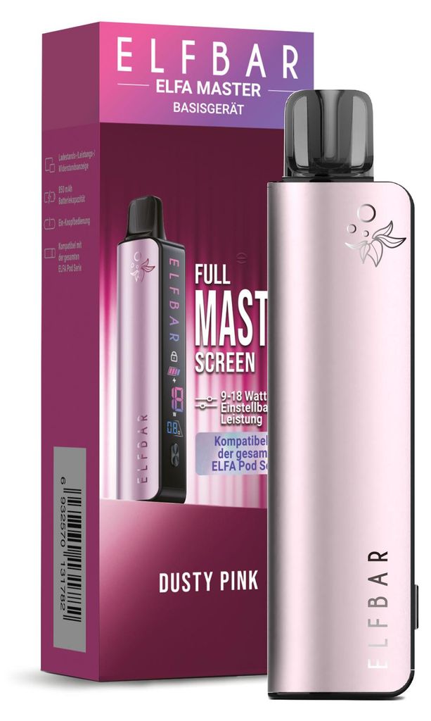 A pink ELFBAR ELFA Master Kit is shown next to its packaging.
