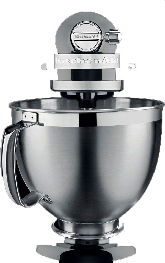 A close-up studio shot of a KitchenAid stand mixer.