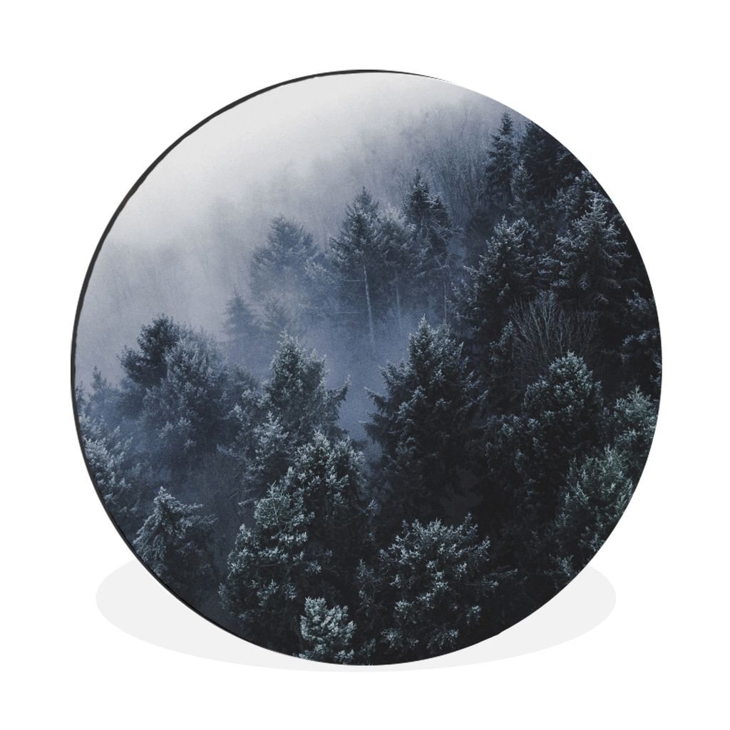 MuchoWow Aluminium Wandkreis Bäume - Nebel - Kiefer Ø 90 cm Wanddeko Modern Wohnzimmer - Mauerkreis - Wandbilder - Runde Bild - Bild aus Alumin...