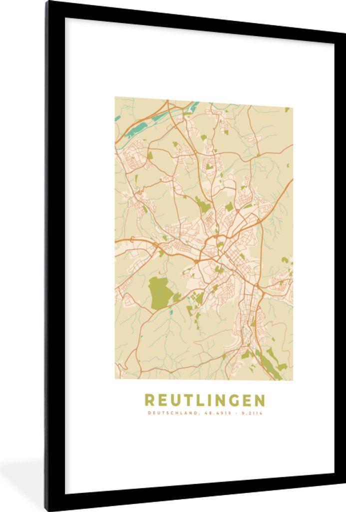 MuchoWow Gerahmtes Poster Jahrgang - Reutlingen - Karte - Stadtplan 60x90 cm - Poster mit Schwarzem Bilderrahmen Wandposter Rahmen Foto Bilder - ...