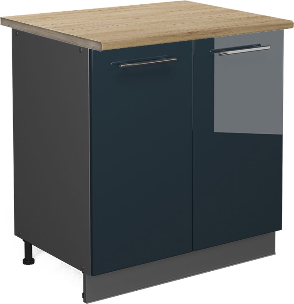 Spülenunterschrank Vicco Fame-Line Dunkelblau Hochglanz 80 cm mit Regal, AP Eiche, Model 48799