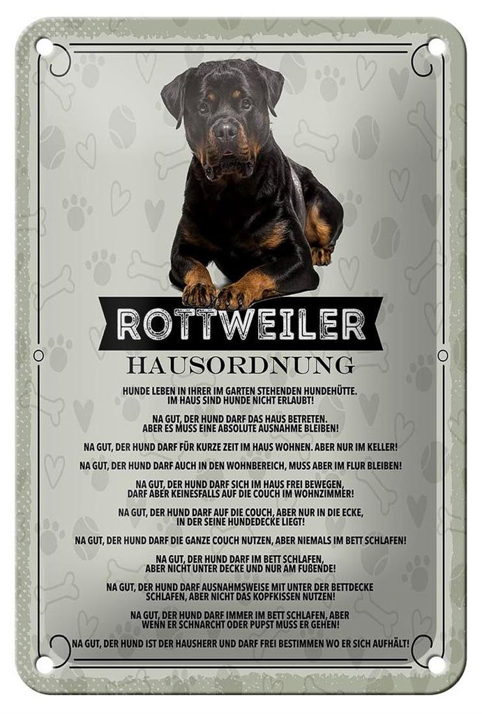 Blechschild Spruch 12x18cm Tiere Rottweiler Hausordnung Hunde Schild