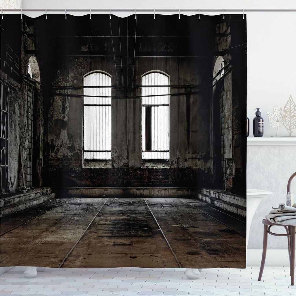 ABAKUHAUS industriell Duschvorhang, Vintage Style Grunge Bodenwände und Windows Chaotisch im Alter von zerstörten Workshop, 175 x 180 cm, Dunkelb...