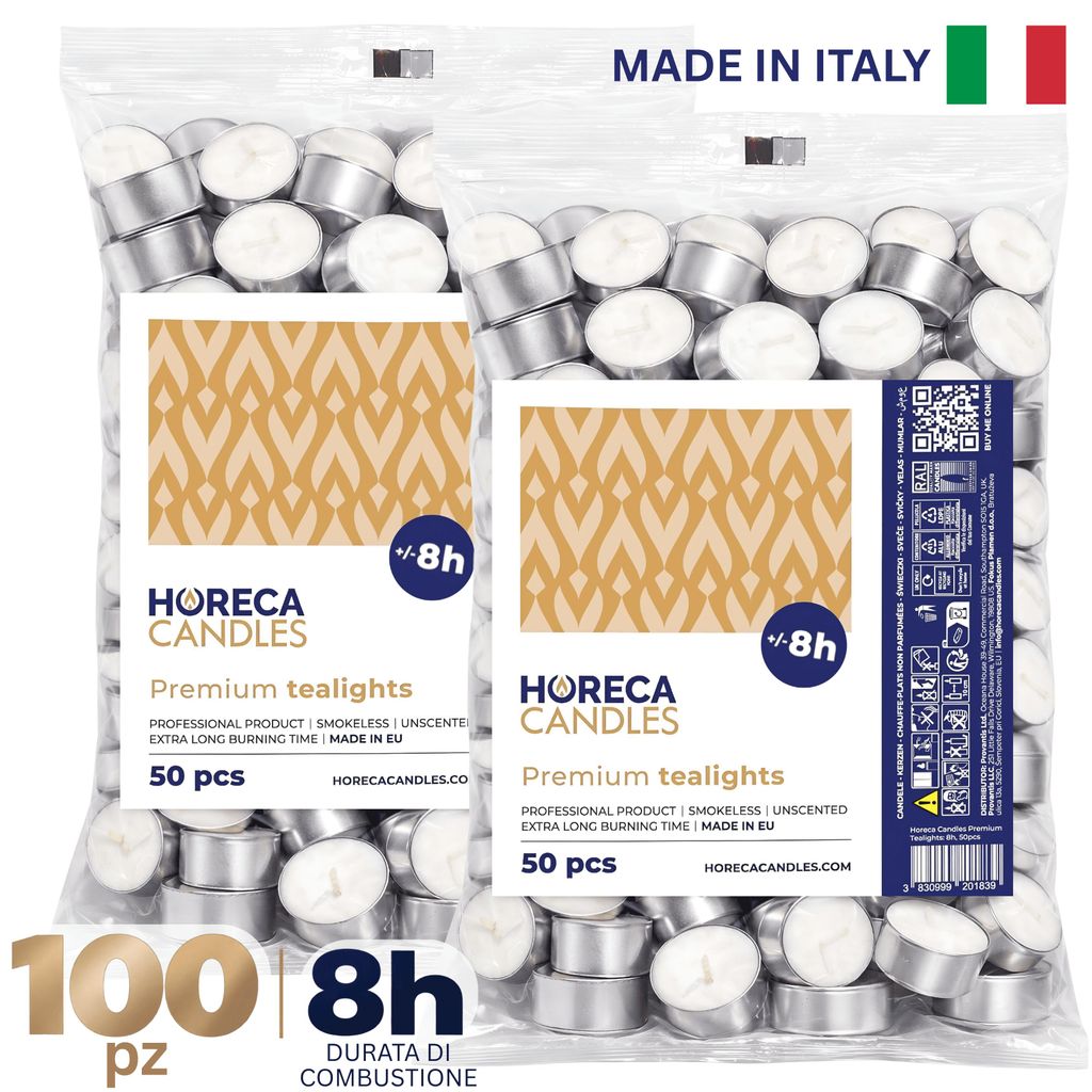 HORECA CANDLES Candele Tealight 100 Pezzi Bianche - Durata Immagine del prodotto 