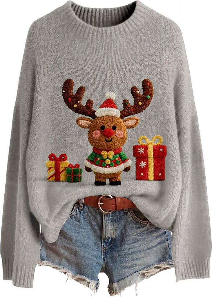 ASKSA Damen Weihnachtspullover,Strickpullover Rundhals Pulli Sweater Herbst Winter Warm Strickpulli Weihnachtspulli (C-Grau,L)