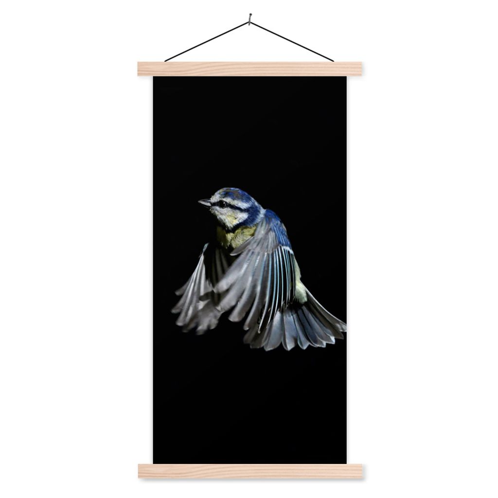 MuchoWow Textilposter Vögel - Federn - Schwarz 40x80 cm mit holzfarbenen Rahmen - Wohnzimmer