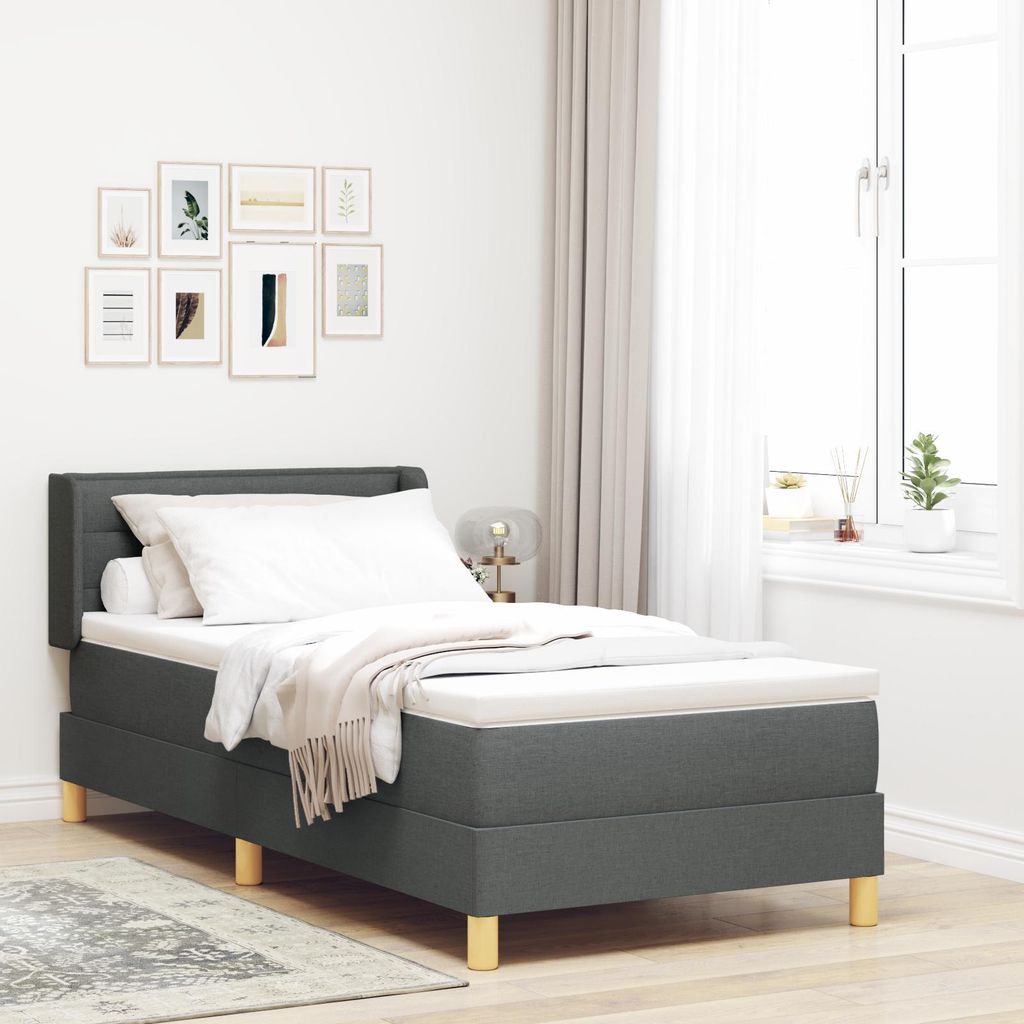 Boxspringbett mit Matratze in Dunkelgrau, 90 x 190 cm, Stoff, Design Möbel Klassische Betten Neu