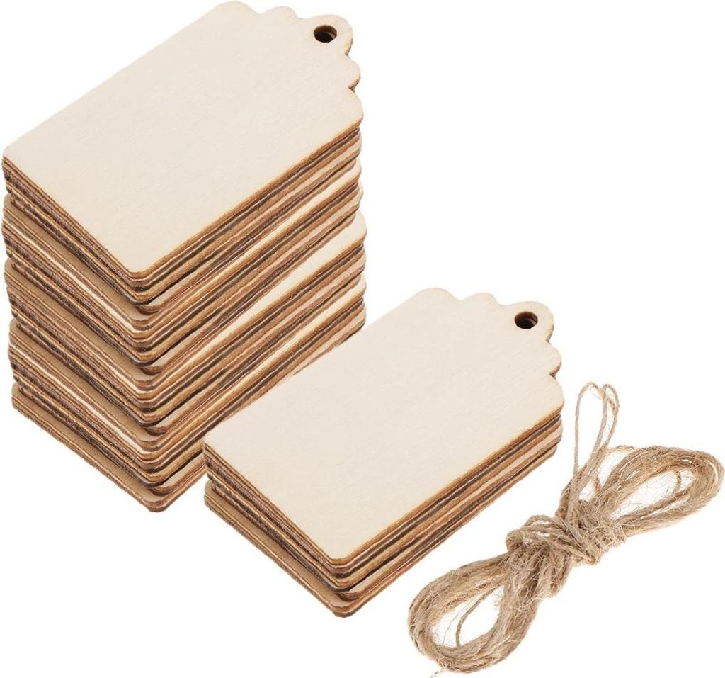 20 Stück unbehandelte Holzanhänger mit Schnur und Loch, leere Geschenkanhänger aus Holz für Hochzeitsparty-Gastgeschenke