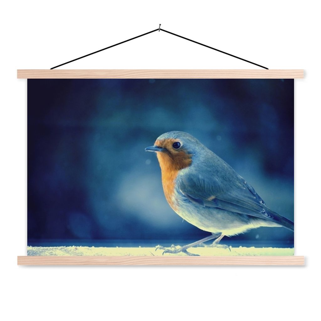 MuchoWow Textilposter Rotkehlchen - Blau - Schnee 150x100 cm mit holzfarbenen Rahmen - Posters