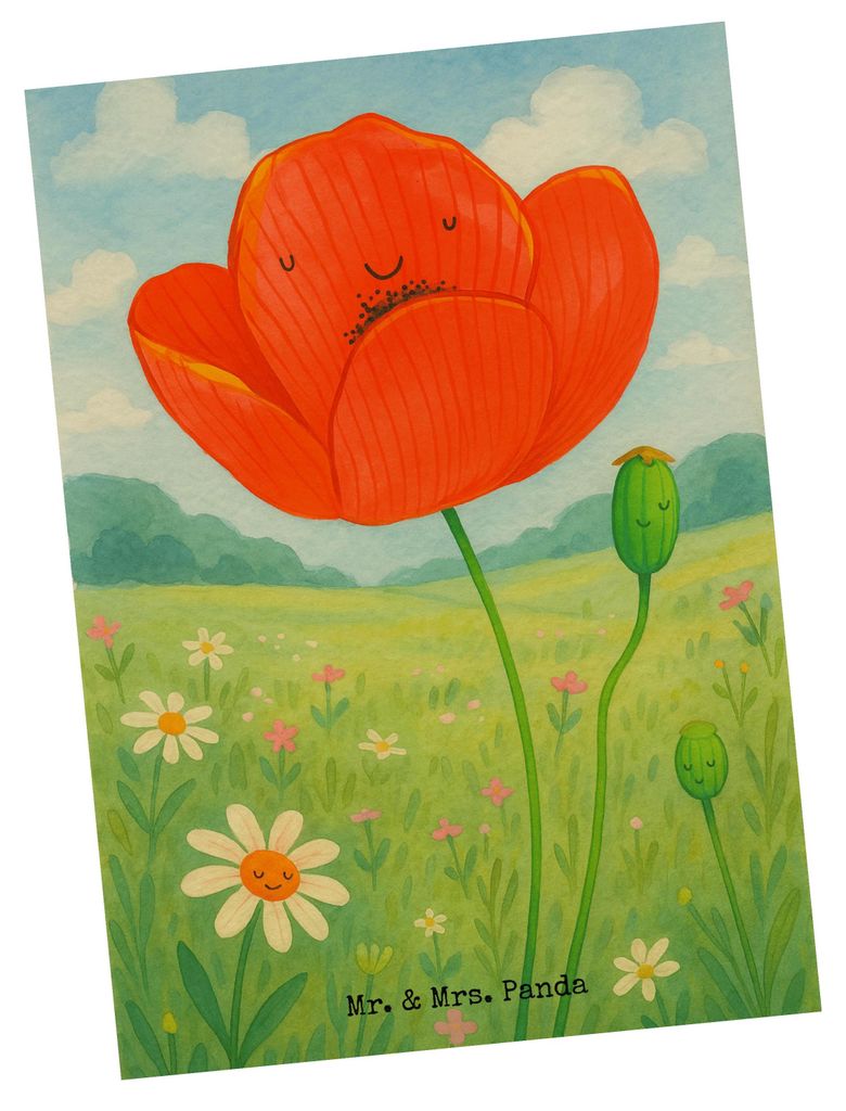 Mr. & Mrs. Panda Postkarte Blume Mohnblume Design - Weiß - Geschenk, Selbstliebe, Mohn, Religion, Glaube, Ansichtskarten, Fotokarte, Grußkarte, G...