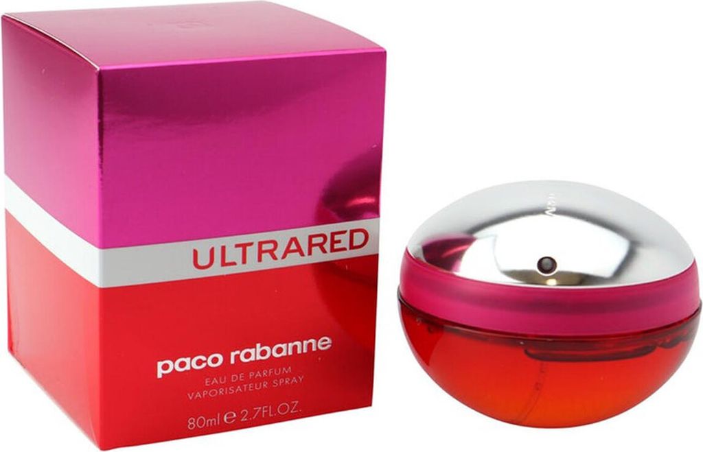 A box of Paco Rabanne Ultrared perfume and the perfume bottle are displayed against a white background.