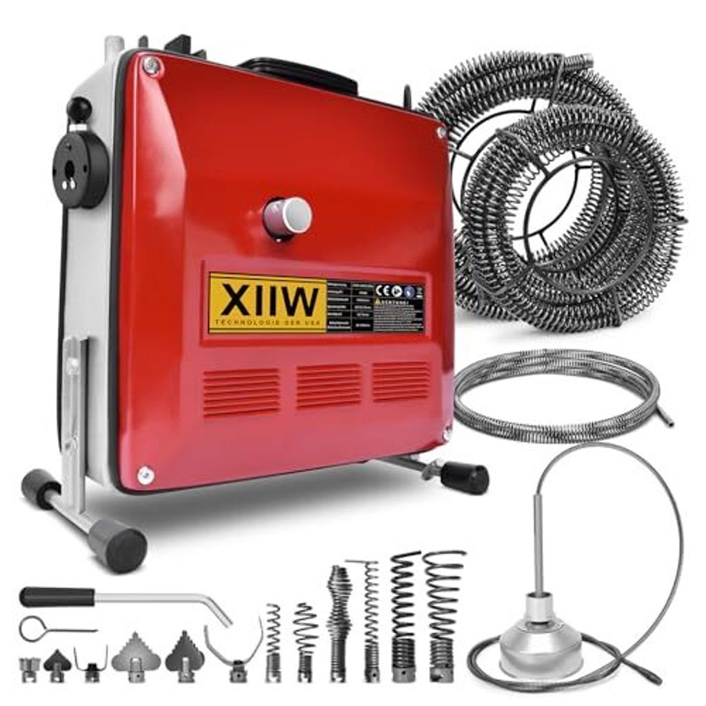 A red and gray pipe cleaning machine with various attachments and coiled pipes.