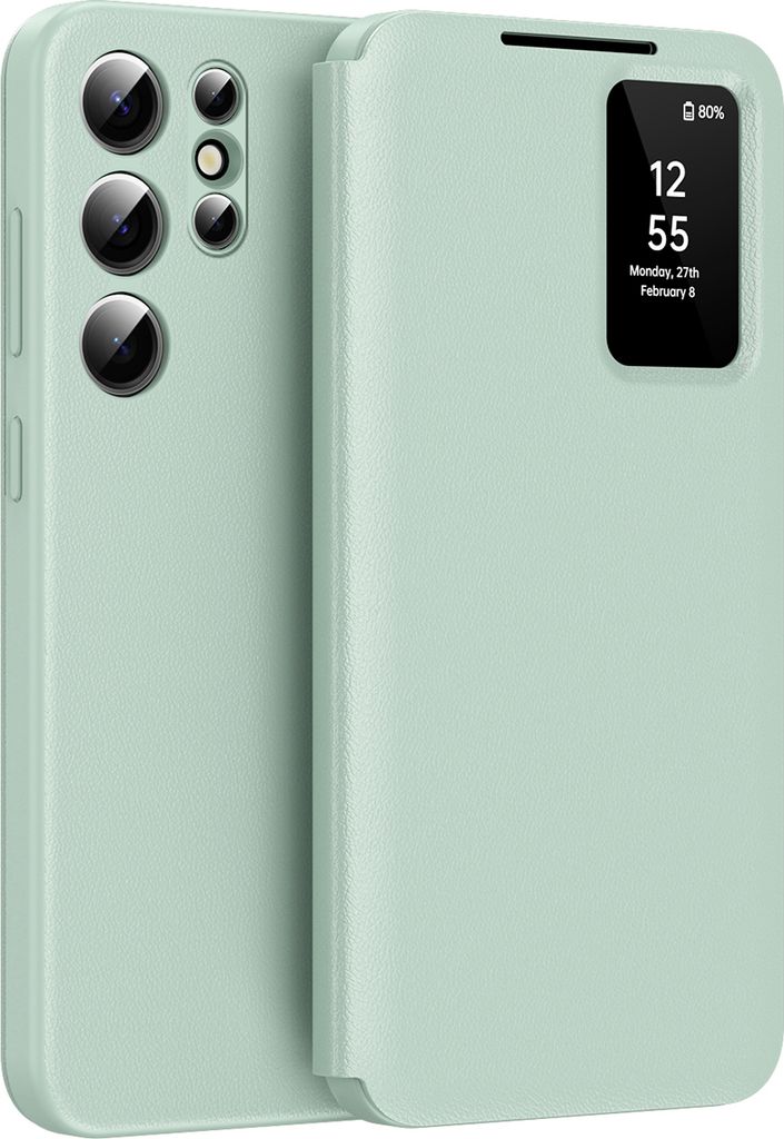 A light green flip case for a smartphone is shown from the front and side.