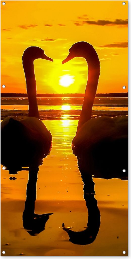 MuchoWow 80x160 cm Outdoor-Poster Gartendeko Sichtschutz Garten Poster für den Garten Schwäne - Sonnenuntergang - Vogel - Orange - Wasser