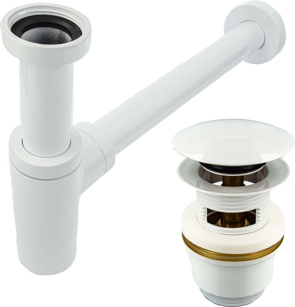 tecuro Siphon extra lang mit Pop Up Ablaufventil weiß (RAL 9010) - Universal Set für Waschtisch / Waschbecken