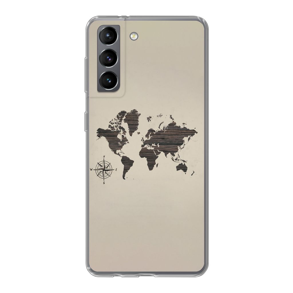 MuchoWow Handyhülle Schutzhülle Hülle für Samsung Galaxy S21 Weltkarte - Holz - Braun Silikon Softcase Handy Hülle - Softcase