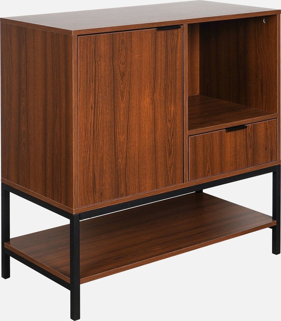 A product shot of a wooden sideboard with black metal legs against a white background.