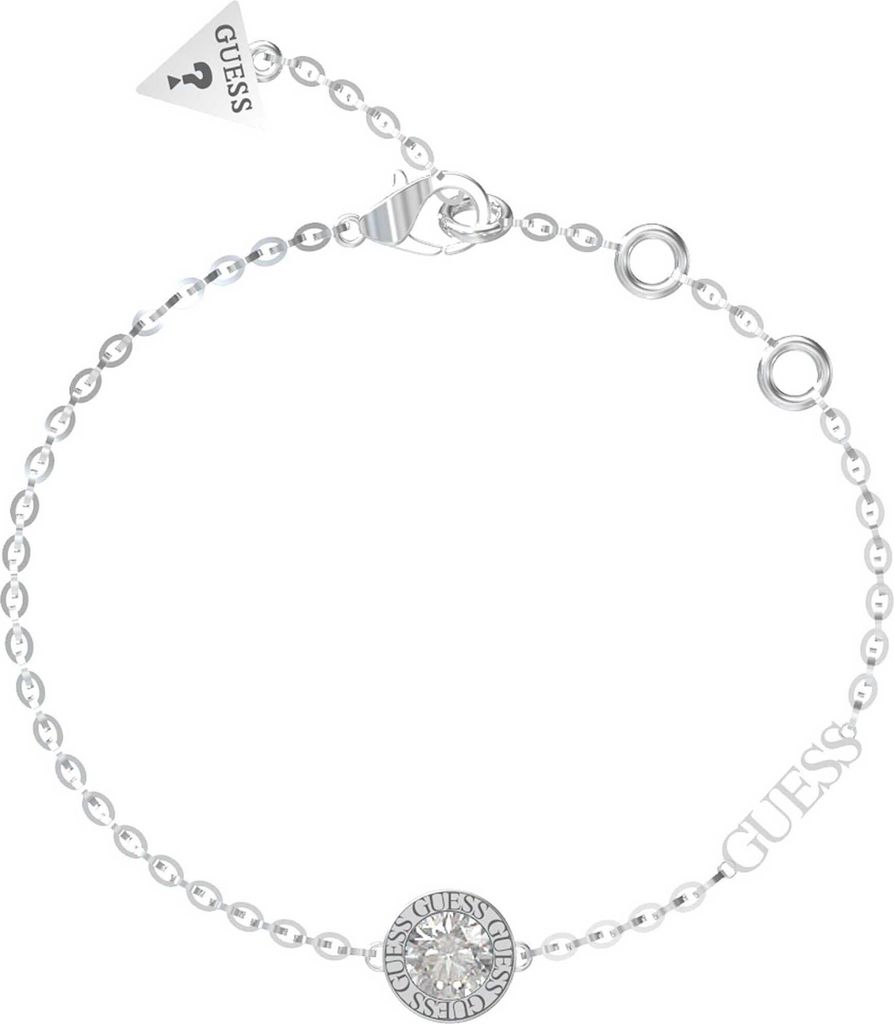 A silver Guess bracelet with a central crystal.