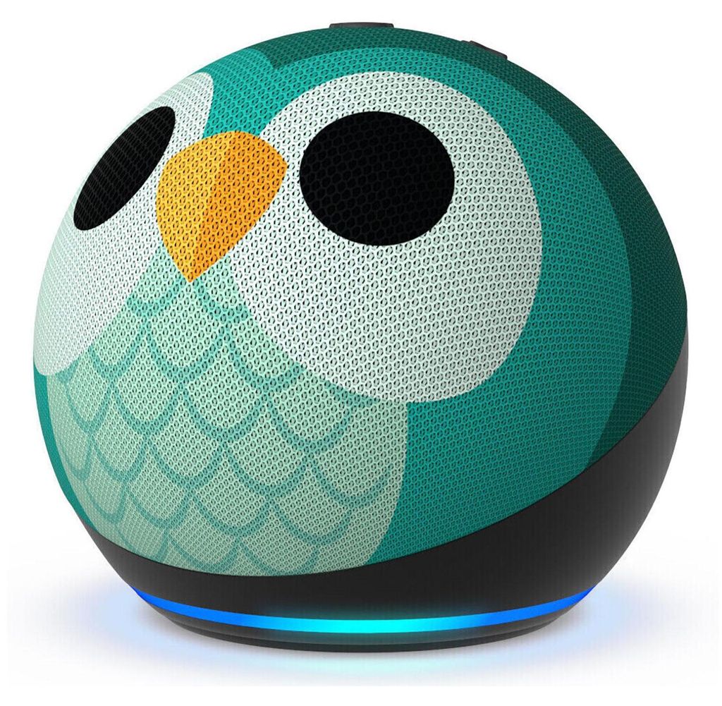 A close-up studio shot of a smart speaker designed for children, featuring an owl graphic.