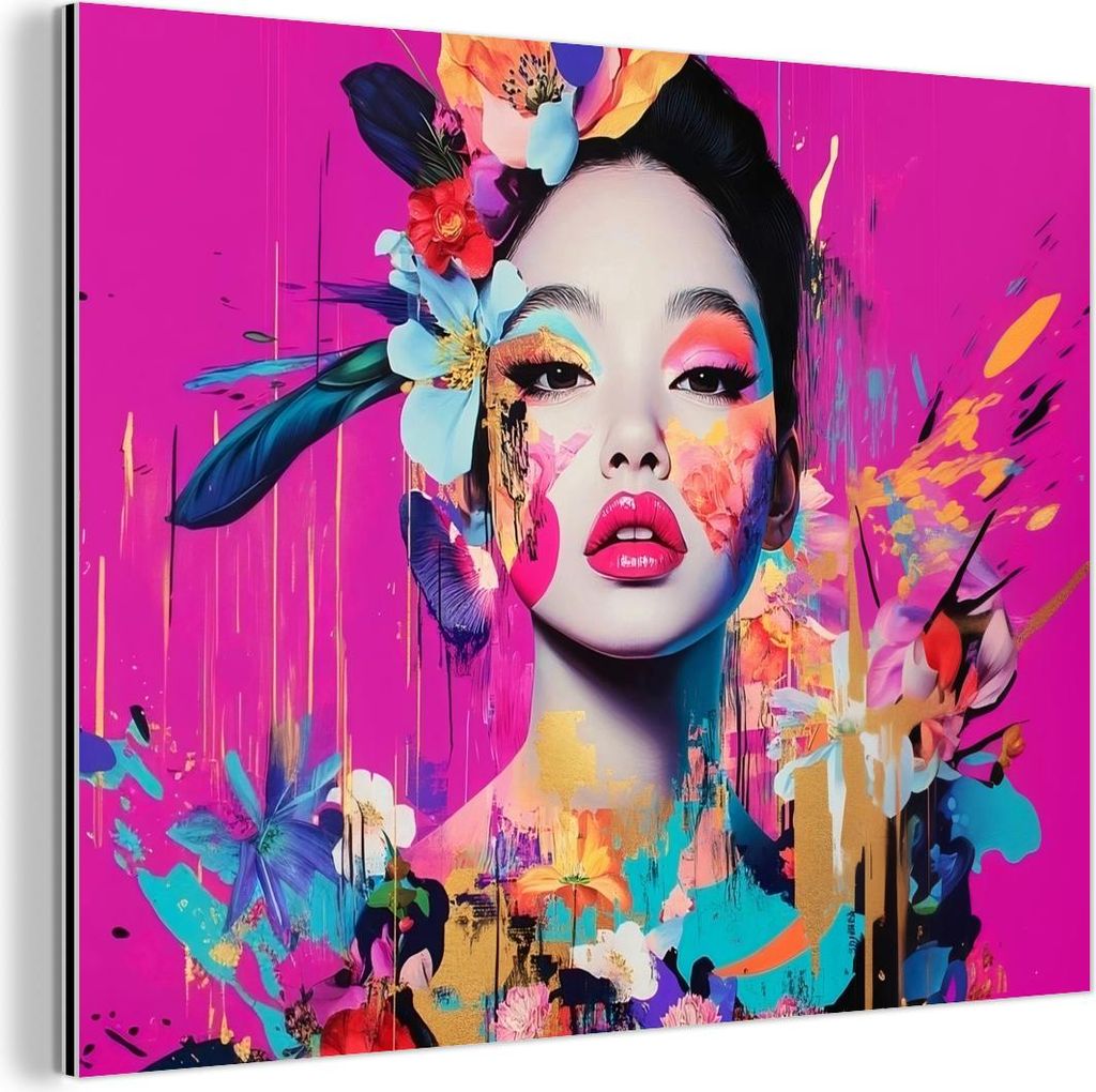 MuchoWow Wanddekoration Metall Metallbild Wandkunst 80x60 cm Frau - Porträt - Abstrakt - Lila MuchoWow Aluminium Gemälde - Alubild