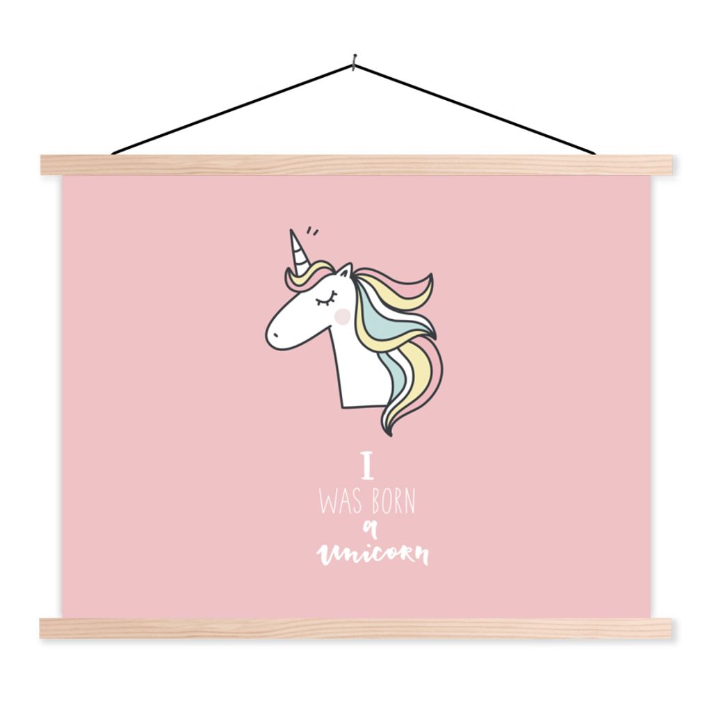 MuchoWow Textilposter Einhorn - Zitate - Rosa - Ich wurde als Einhorn geboren - Mädchen - Kind 40x30 cm mit holzfarbenen Rahmen - Bilder