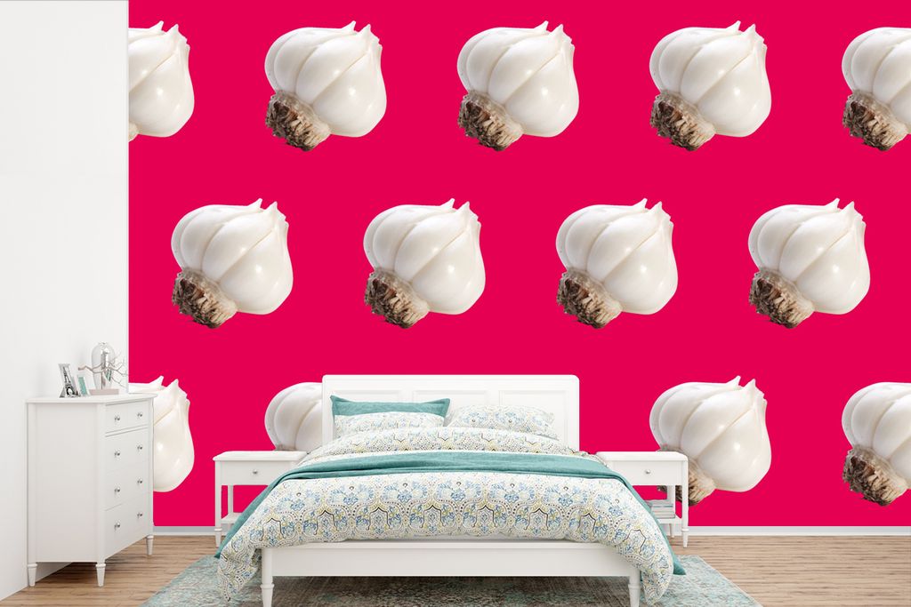 MuchoWow Fototapete für Wohnzimmer oder Schlafzimmer Wandtapete Vinyl Motivtapete Knoblauch - Muster - Rot - 450x300 cm - Gemusterte