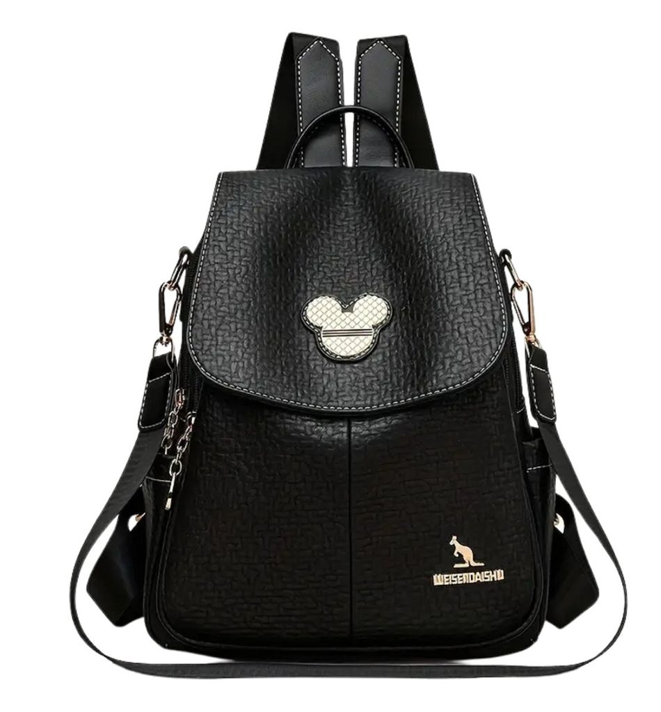 Schwarzer Damen-Lederrucksack, elegante urbane 2in1-Umhängetasche