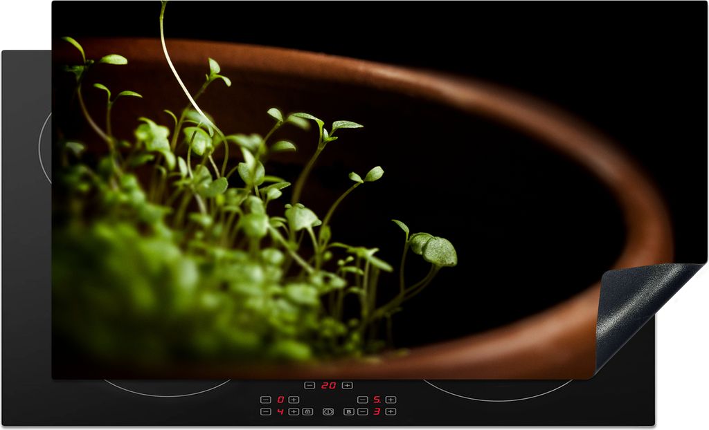 KitchenYeah Herdabdeckplatte Pflanzung von Thymian in einem Tontopf , 89x51cm, Küche Deko, Glaskeramikfeld Herdabdeckung, Abdeckplatte fùr Koch...