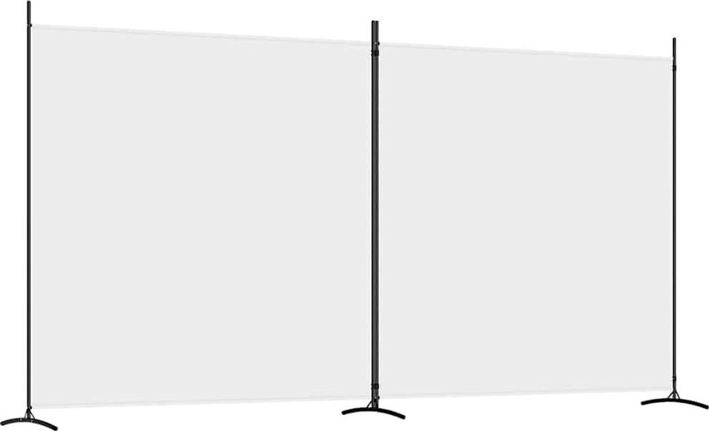A white fabric screen divided into two panels, supported by black metal stands.
