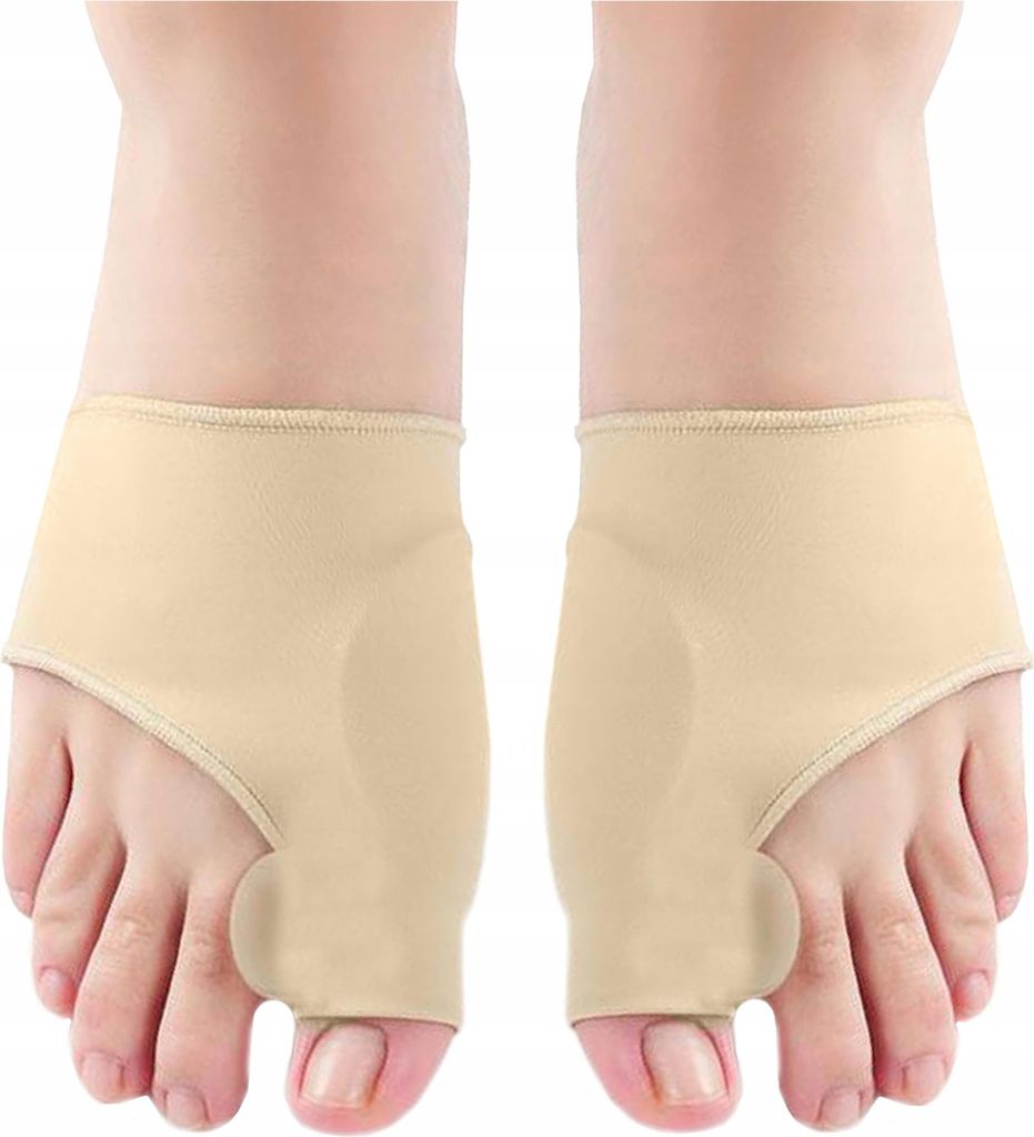 A pair of beige bunion corrector sleeves are shown on a person's feet.