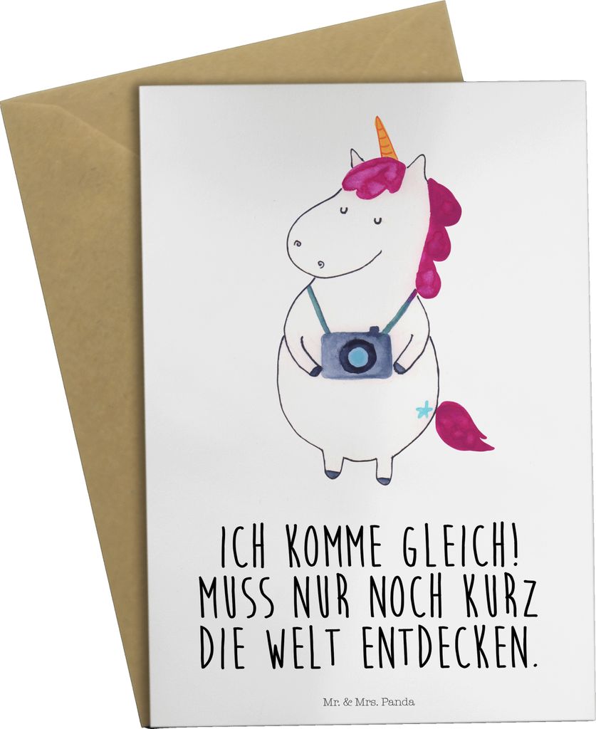 Mr. & Mrs. Panda Grußkarte Einhorn Fotograf - Weiß - Geschenk, Einhörner, babykarte, einladungskarten, Unicorn, Urlaub, dankeskarten, weihnachts...