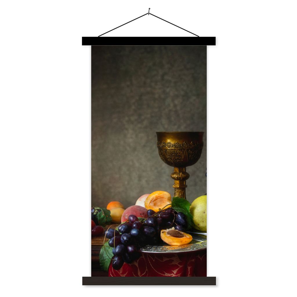 MuchoWow Textilposter Rustikal - Tisch - Obst - Stilleben - Tasse 60x120 cm mit schwarzem Rahmen - Magnete