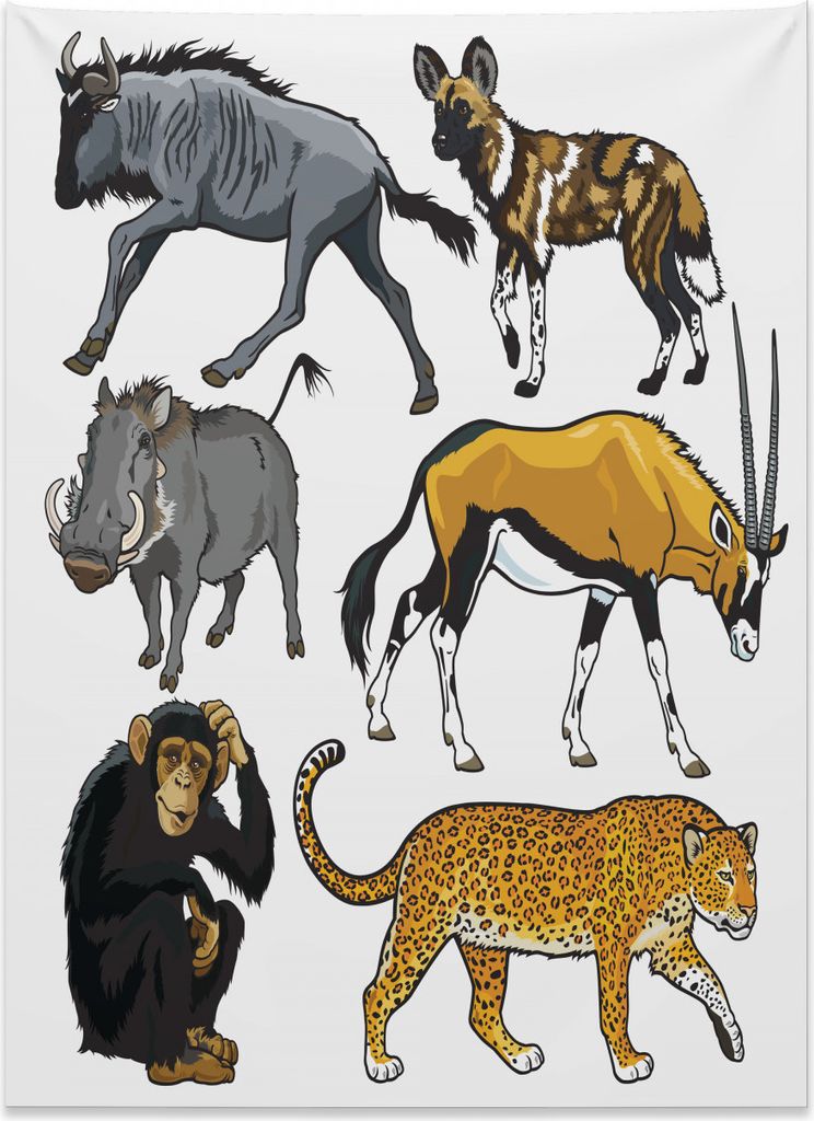Abakuhaus Zoo Wandteppich, Cartoon Wilde Tiere Afrika aus Weiches Mikrofaser Stoff Kein Verblassen Klare Farben Waschbar, 110 x 150 cm, Mehrfarbig