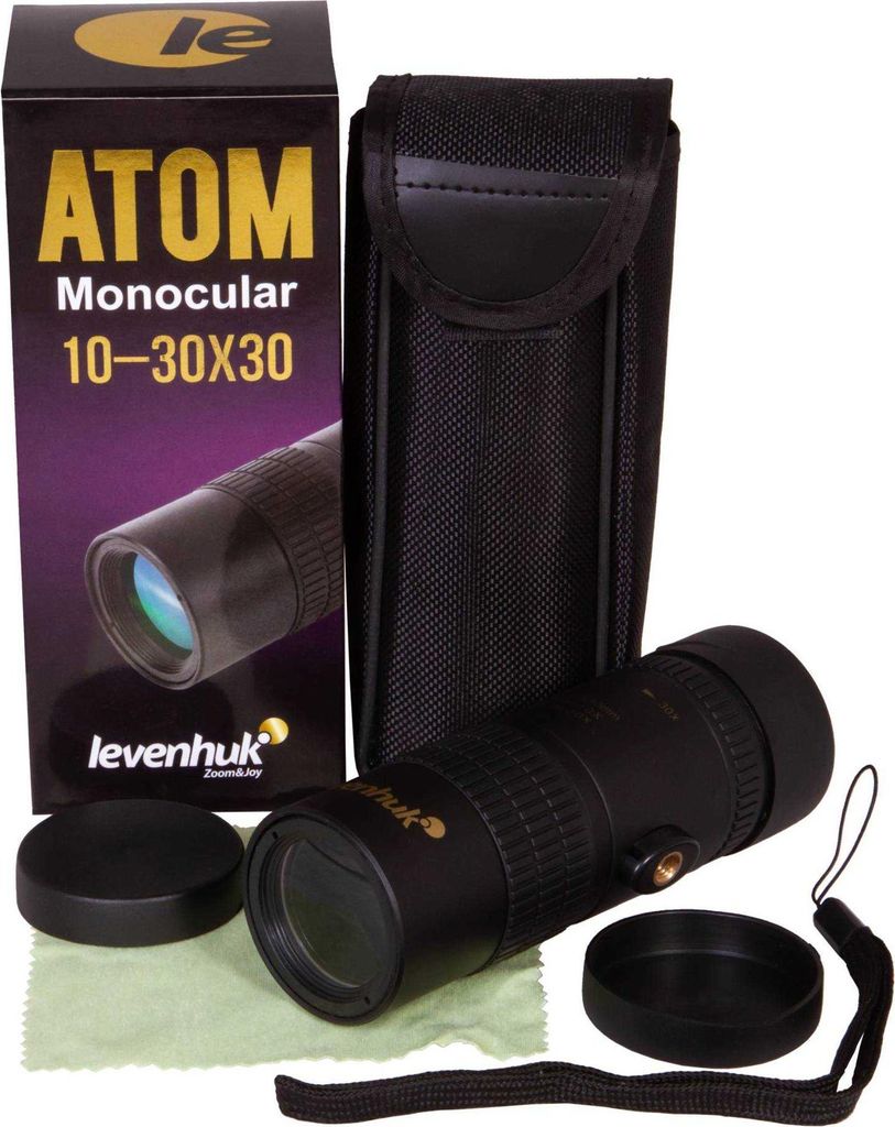 The image shows the Levenhuk Atom 10-30x30 Monocular, its packaging box, and accessories.