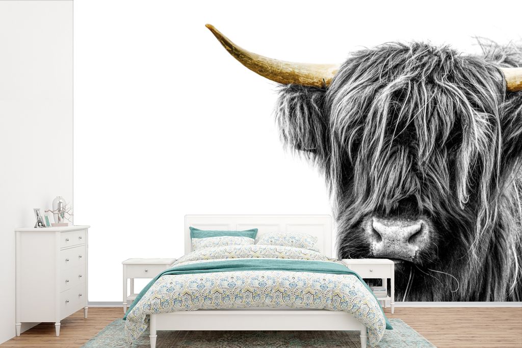 MuchoWow Fototapete für Wohnzimmer oder Schlafzimmer Wandtapete Vinyl Motivtapete Scottish Highlander - Weiß - Schwarz & Gold - 360x240 cm - Vi...