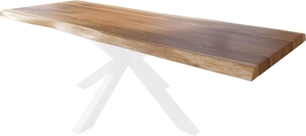 Esstisch Baumkante massiv Akazie natur 260 x 120 Spider-Gestell Metall weiß TITAN