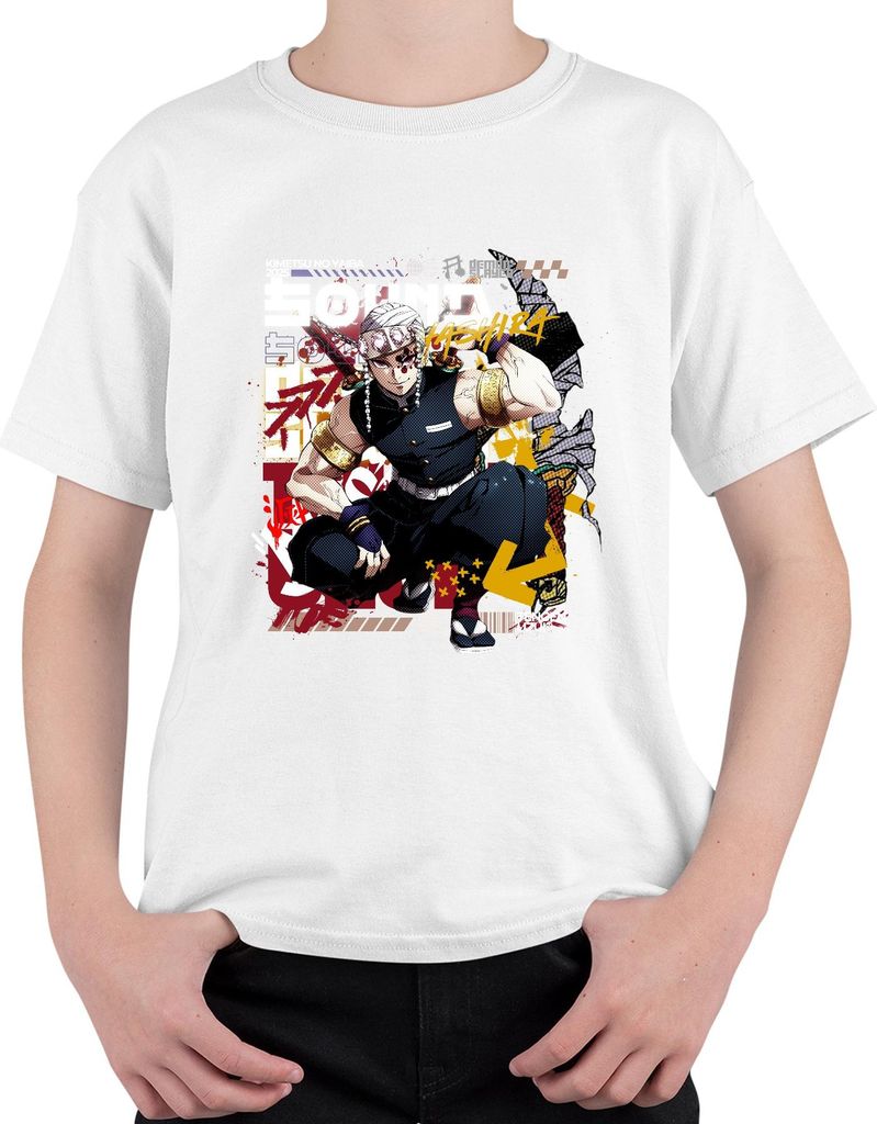 Tengen Uzui Kimetsu no Yaiba Hashira Schwerter Perlen Gold Uni Kinder T-Shirt, Weiß, 140