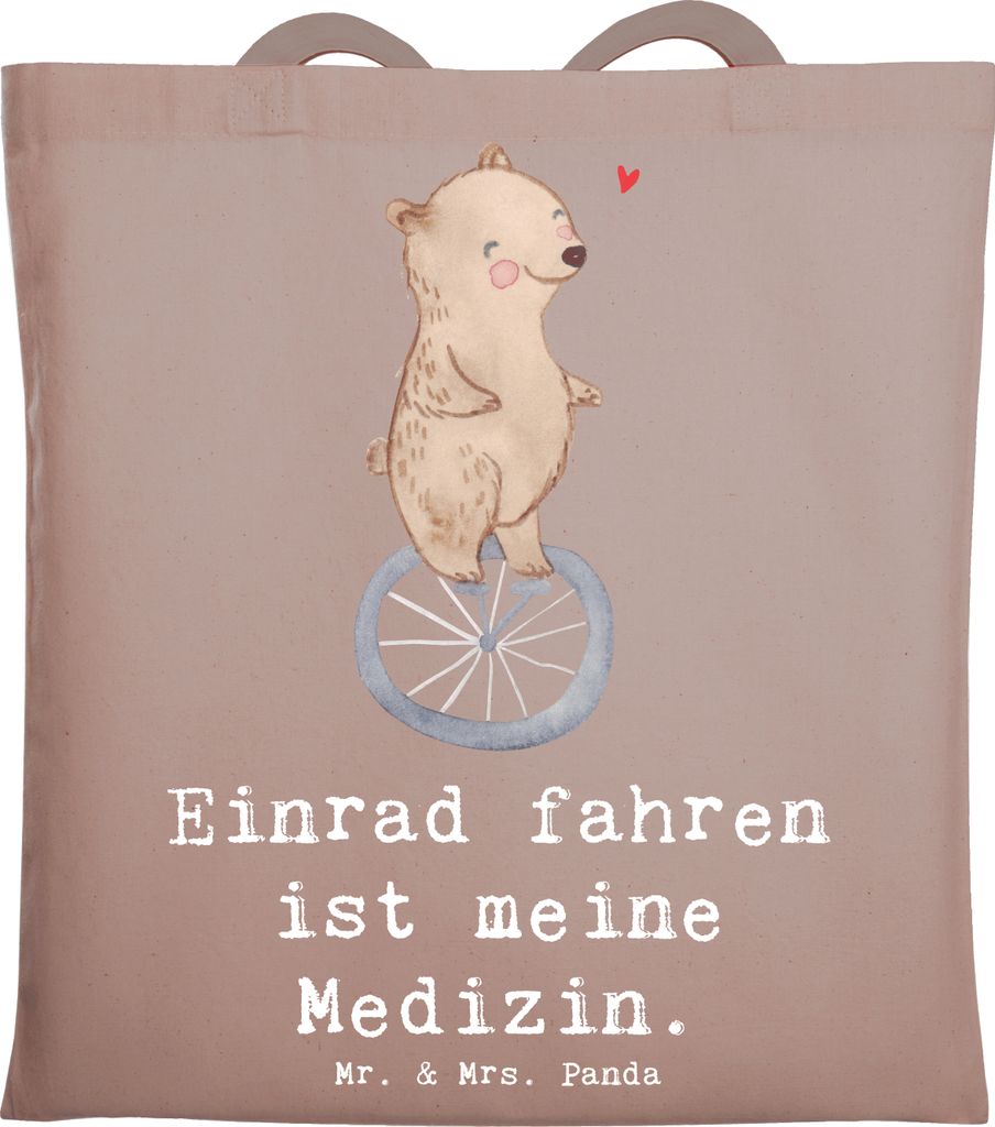 Mr. & Mrs. Panda Tote Bag Bär Einrad fahren - Braun Pastell - Geschenk, Tragetasche, Unitasche, Shopping Tasche, Schultasche