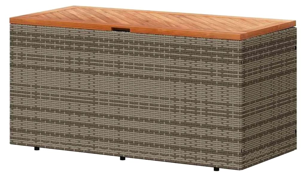 Gartentruhe, Kissenbox mit Deckel, Gartenbox mit wasserfestem Beutel, Aufbewahrungsbox für Gartenmöbel, Grau Poly Rattan Akazienholz