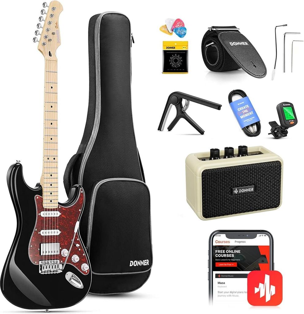 39 Zoll E-Gitarre HSS Pickup Coil Split, DST-152B Electric Guitar mit Verstärker, Tasche, Kapodaster, Gurt,Saiten,Stimmgerät, Kabel, Plektren,Sch...