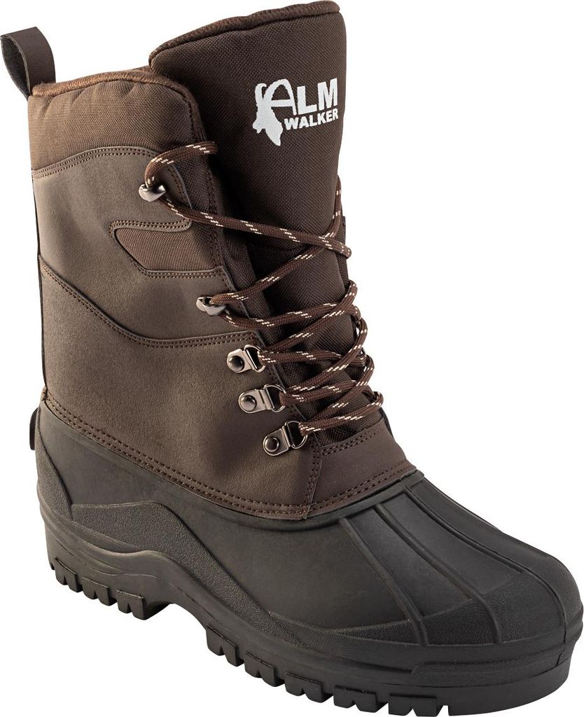 A single brown and black winter boot is shown against a white background.