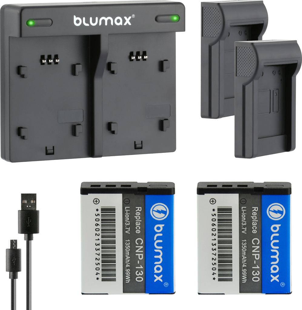 2x Akku + Lader für Casio NP-130 EX-ZR100, EX-ZR200, EX-ZR3001350 mAh (3,7V)
