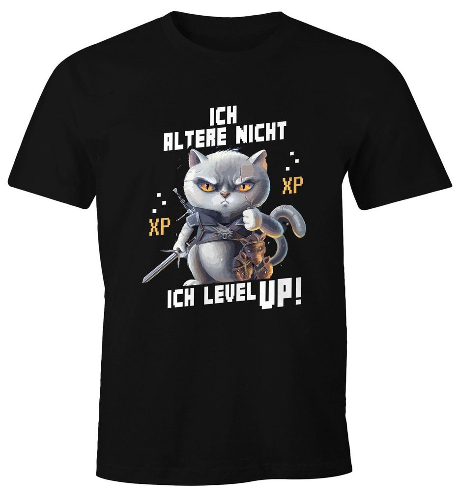 Herren T-Shirt Gaming ich altere nicht ich level up! Zocker Sprüche Fun-Shirt Katze Cat Videospiele lustig Moonworks schwarz XXL