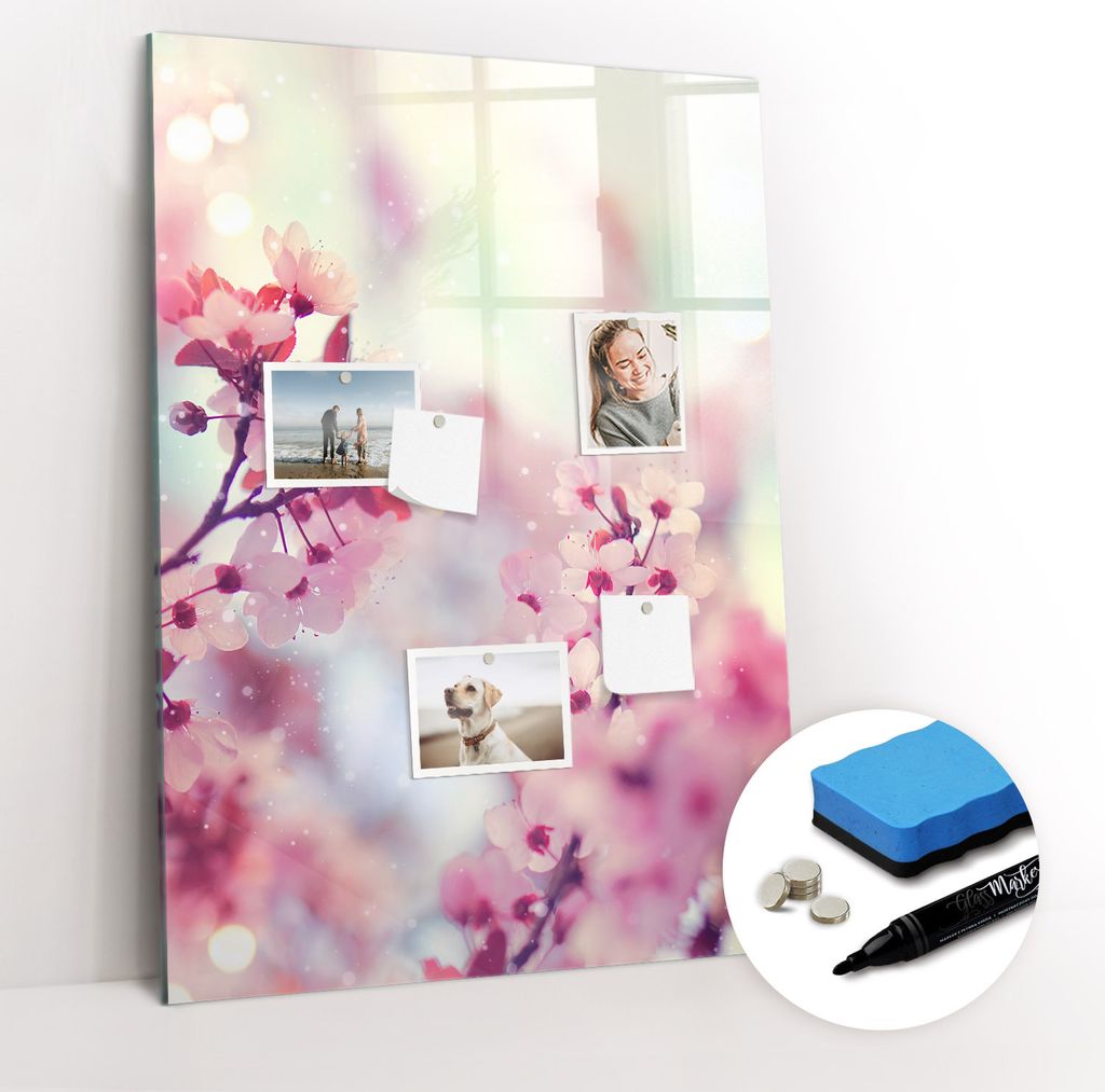 Magnetpinnwand Memoboard - Zubehörsatz - Schwarzer Marker + Schwamm + Magnete - 70 x 100 cm - Frühlingsblumen