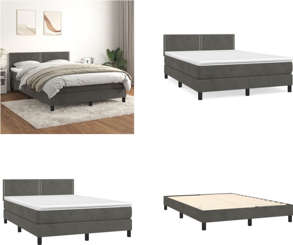 vidaXL Boxspringbett mit Matratze Dunkelgrau 140x200 cm Samt - Boxspringbett - Boxspringbetten - Bett - Schlafzimmermöbel