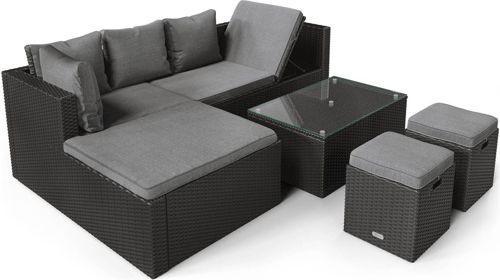 A set of outdoor furniture including a sectional sofa, a coffee table, and two ottomans, displayed on a white background.