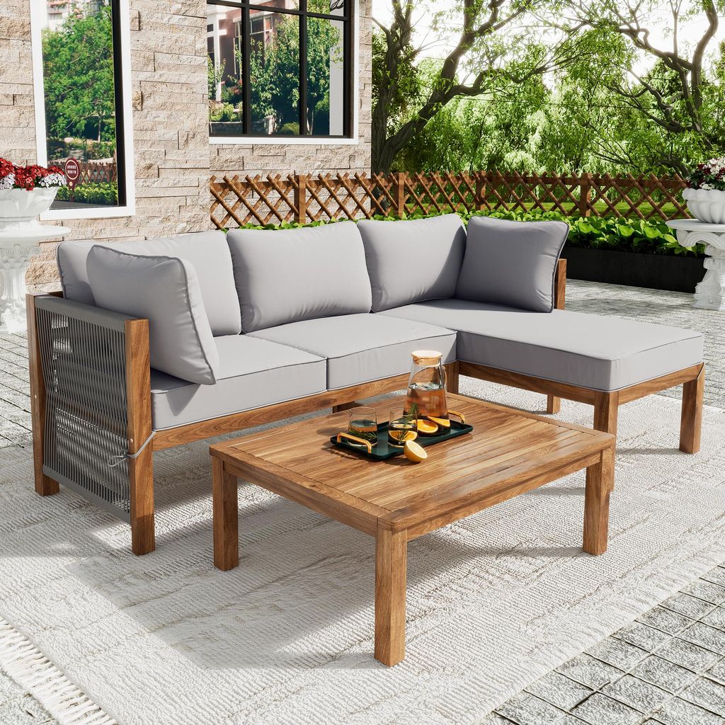 3-teiliges Garten-Loungestuhl-Set – L-förmiges Set mit 2 Zweisitzern & Tisch, Akazienrahmen, graue Seilarmlehnen, verstellbare Beine, Grau